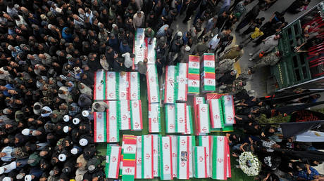 A funeral for the victims of an airstrike on an elementary girls’ school in Minab, Iran, on March 3, 2026.