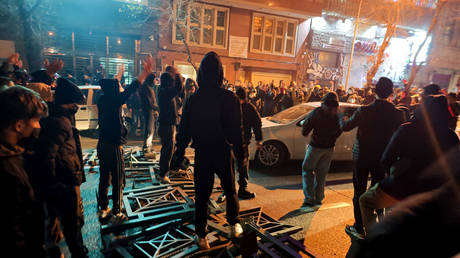 People gather during protest on January 8, 2026 in Tehran, Iran.