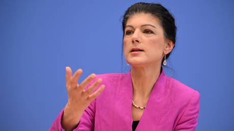 FILE PHOTO: Sahra Wagenknecht talking to journalists.