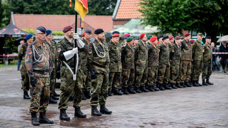 Reservists attending a roll call and swearing-in ceremony as part of National Veterans Day in Vechta, Lower Saxony, Germany, June 15, 2025.