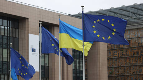 FILE PHOTO: Flags of European Union (EU) and Ukraine at the EU headquarters in Brussels, Belgium