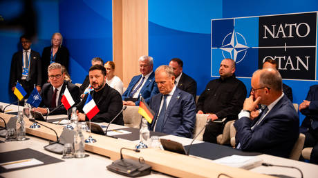 FILE PHOTO: A meeting at the North Atlantic Treaty Organization (NATO) summit on June 24, 2025 in The Hague, Netherlands.