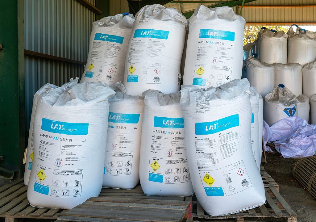 Ammonium nitrate LAR nitrogen fertilizer bags seen at a farm in Suffolk, UK