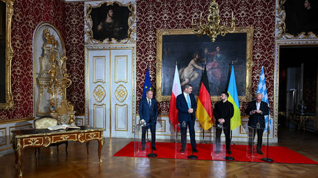 Ukraine's Vladimir Zelensky receives the Ewald von Kleist Prize at the Munich Security Conference, February 14, 2026.