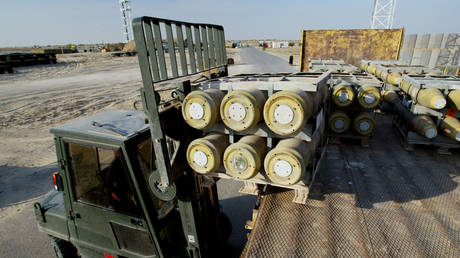 FILE PHOTO: US Air Force personnel unloading Mark 82 bombs.