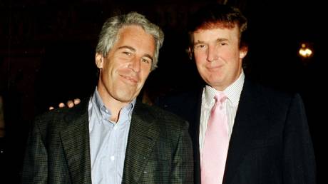 Jeffrey Epstein and Donald Trump posing together at the Mar-a-Lago estate, Palm Beach, Florida in 1997.