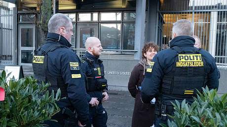Police patrol outside the US Embassy in Copenhagen, Denmark.  Kristian Tuxen Ladegaard Berg/NurPhoto via Getty Images