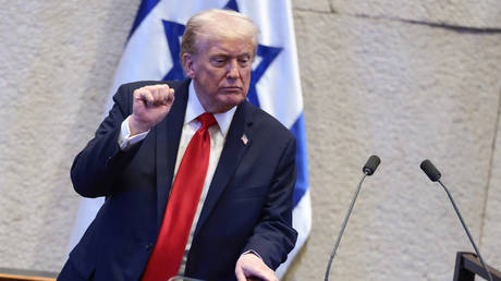 US President Donald Trump addresses the Israeli parliament in Jerusalem on October 13, 2025.