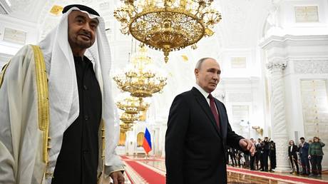 Russian President Vladimir Putin and United Arab Emirates President Sheikh Mohamed bin Zayed Al Nahyan (L) during a meeting in Moscow, January 29, 2026.