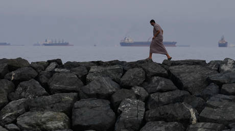 Oil tankers and cargo ships line up in the Strait of Hormuz, March 11, 2026