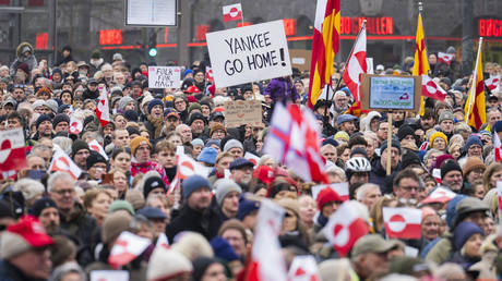 Protesters on City Square during a protest in support of Greenland on January 17, 2026 in Copenhagen, Denmark.