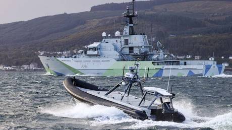 The Royal Navy’s HMS Tyne and a Rattler Unmanned Surface Vehicle participate in a proof of concept exercise in the North Sea on October 28, 2025.