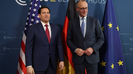US Secretary of State Marco Rubio and German Chancellor Friedrich Merz arrive for a meeting at the Munich Security Conference on February 13, 2026.