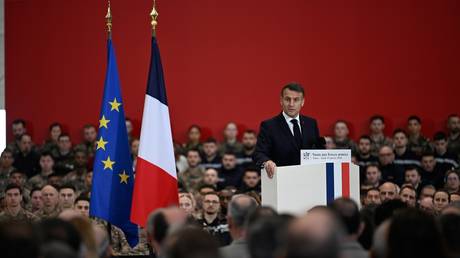 FILE PHOTO: French President Emmanuel Macron delivers a speech at Istres air force base, January 15, 2026