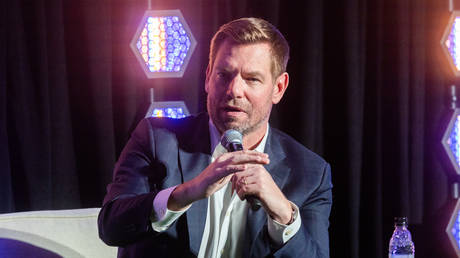 US Congressman Eric Swalwell speaks at an event in Los Angeles, California, on February 26, 2026.
