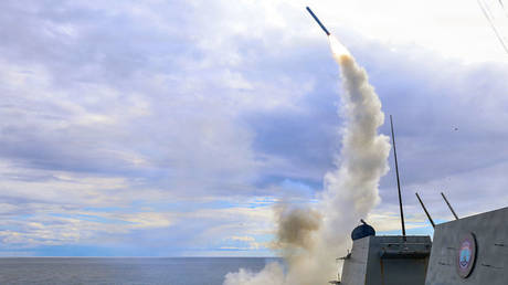 Arleigh Burke-class guided-missile destroyer USS Thomas Hudner (DDG 116) fires a Tomahawk land attack missile in support of Operation Epic Fury, on March 1, 2026 at Sea.
