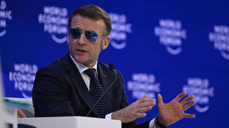 French President Emmanuel Macron delivers a speech during the World Economic Forum Annual Meeting (WEF) held in Davos, Switzerland on January 20, 2026.
