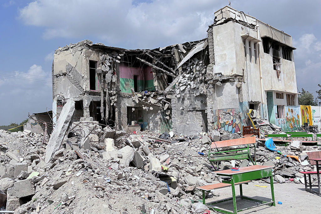 Rubble and debris visible at the Shajarah Tayyebeh girls’ school in Minab, Iran, after it was destroyed in an apparent US missile strike