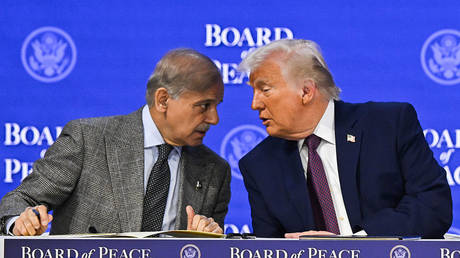 File photo of  US President Donald Trump (R) and Pakistani Prime Minister Shehbaz Sharif in Davos, Switzerland, on January 22.