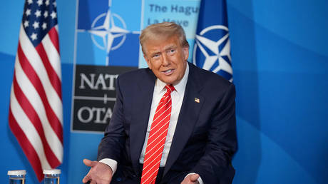 US President Donald Trump speaks to media at the start of the second day of the 2025 NATO Summit on June 25, 2025 in The Hague, Netherlands