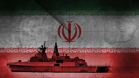 Abstract concept design of Iran Navy Frigate warship with flag and radar overlay.