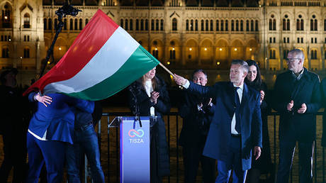 Peter Magyar celebrates victory in the parliamentary election in Budapest, Hungary, April 12, 2026.