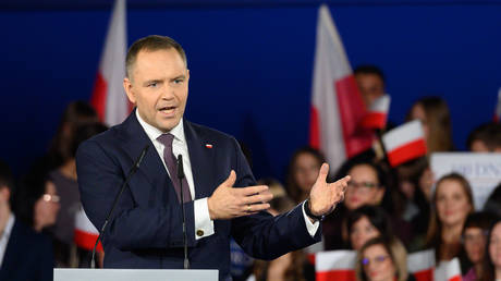 Polish President Karol Nawrocki at a rally in Minsk Mazowiecki, Poland, November 14, 2025.