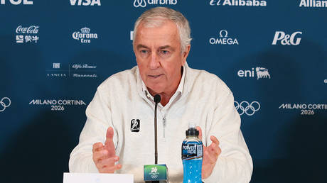 IIHF President Luc Tardif speaks a press conference on day six of the Milano Cortina 2026 Winter Olympic games on February 12, 2026 in Milan, Italy.