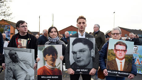FILE PHOTO. Families and supporters of the victims of the Bloody Sunday Killings in anticipation of the verdict in the trial of 'Soldier F' in Belfast, Northern Ireland.