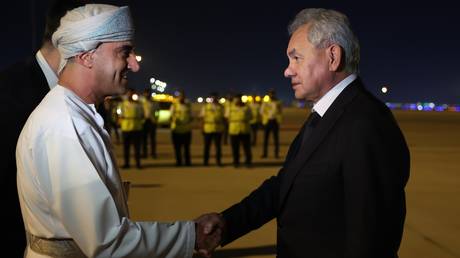 Secretary of Russia’s Security Council Sergey Shoigu and Oman’s National Security Council Secretary Idris al‑Kindi during a meeting at Muscat airport, Muscat, Oman, November 11, 2025.