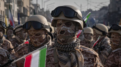 FILE PHOTO: Islamic Revolutionary Guard Corps personnel at a military rally in downtown Tehran, Iran