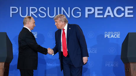 US President Donald Trump hosts Russian President Vladimir Putin at Joint Base Elmendorf-Richardson on August 15, 2025 in Anchorage, Alaska.