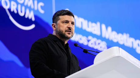 Vladimir Zelensky delivers a speech at the Annual Meeting of the World Economic Forum in Davos, Switzerland, Jan. 22, 2026.