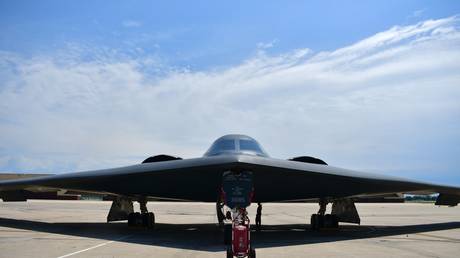 A B-2 Spirit bomber performs during an airshow at Whiteman Air Force Base in Missouri in July 2024.