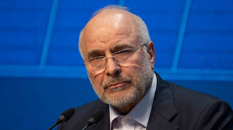 Iranian Parliament Speaker Mohammad Bagher Ghalibaf  at a media conference in Tehran, Iran, December 2, 2025.