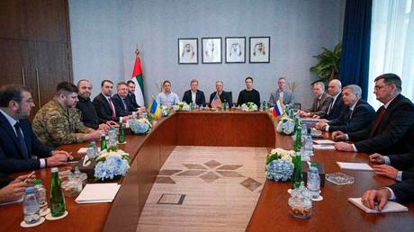 The Ukrainian, US and Russian delegations pictured during the talks in Abu Dhabi, the UAE, on January 24, 2026.