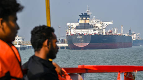 A crude oil tanker docks in Mumbai after arriving via the Strait of Hormuz on March 11, 2026.