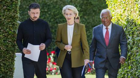 Ukraine’s Vladimir Zelensky, European Commission President Ursula von der Leyen, and President of the European Council Antonio Costa in Aarhus, Denmark, July 3, 2025.