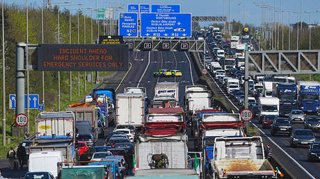 Protesters blockade a motorway in protest of rising fuel prices in Dublin, Ireland, April 9, 2026