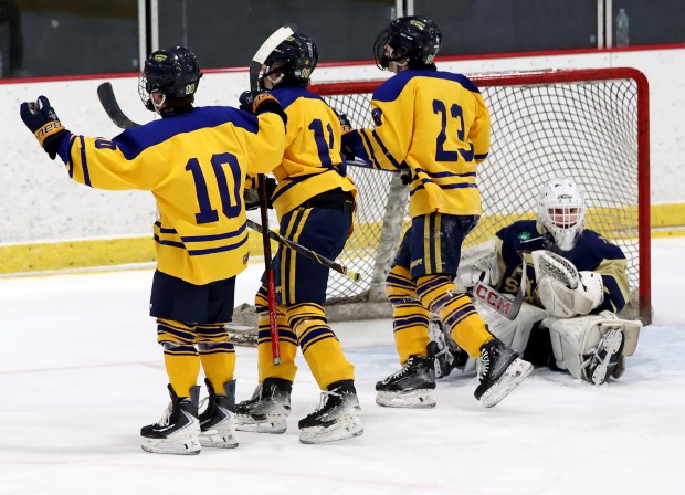 St. Mary's goalie Connor Anderson sits in the net as Arlington Catholic's Cael Colarullo (10), Brayden Boczenowski (11) and Jack Raposa (23) celebrate Boczenowski's goal during a boys hockey game in Arlington. (Mark Stockwell/Boston Herald)