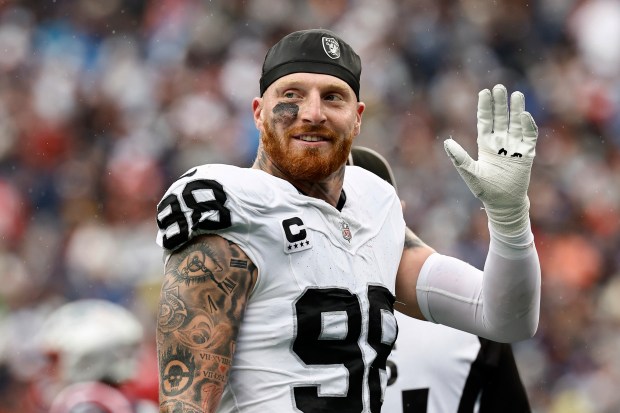 Las Vegas Raiders' Maxx Crosby smiles and waves to fans during an NFL football game against the New England Patriots at Gillette Stadium, Sunday, Sept. 7, 2025 in Foxborough, Mass. (Winslow Townson/AP Images for Panini)