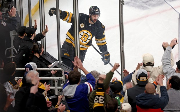 Boston Bruins center Mark Kastelic (47) celebrates his goal during the second period of a NHL game against the Seattle Kraken at the Garden. (Photo By Matt Stone/Boston Herald)