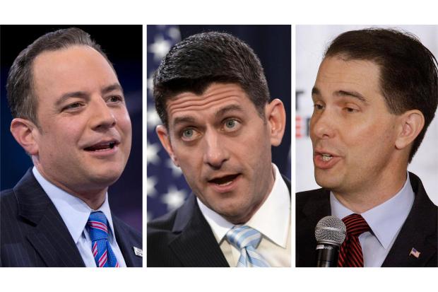 FILE - This photo combination shows: from left, Republican National Committee Chairman Reince Priebus speaks in National Harbor, Md., March 4, 2016, House Speaker Paul Ryan speaks on Capitol Hill in Washington, March 23, 2016. and Wisconsin Gov. Scott Walker speaks in Eureka, Ill., Sept. 10, 2015. (AP Photo/Carolyn Kaster J. Scott Applewhite Seth Perlman)