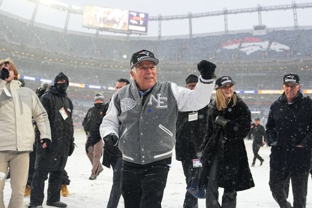 New England Patriots owner Robert Kraft celebrates the win postgame against the Denver Broncos during the AFC Championship Game, Sunday, Jan. 25, 2026 in Denver. (AP Photo/Bart Young)