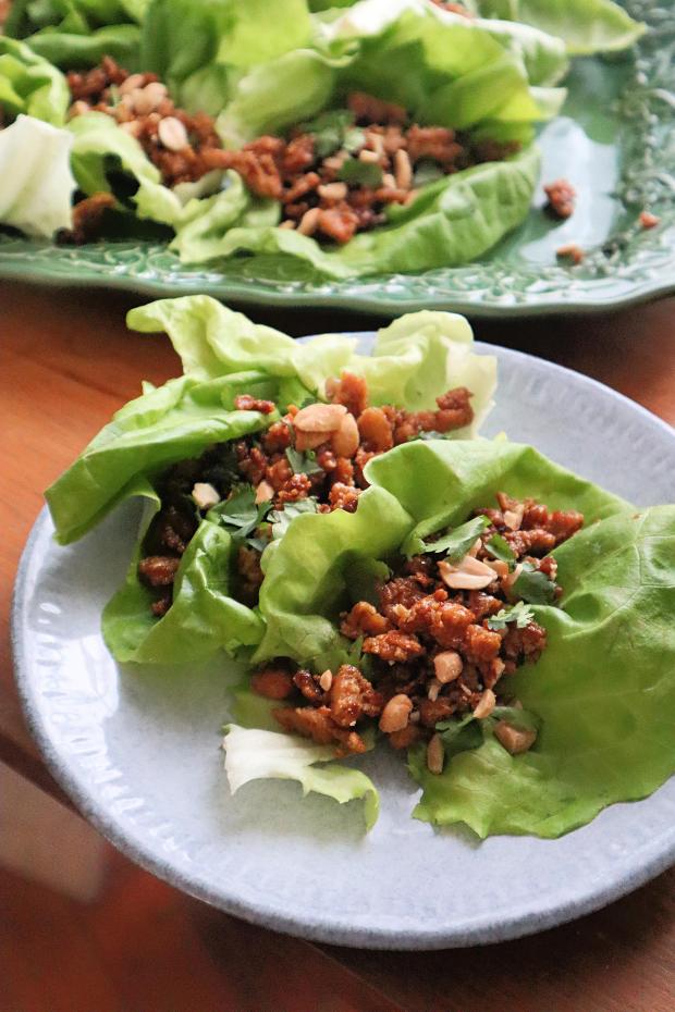 Fried tofu is topped with chopped peanuts and cilantro inside a lettuce leaf wrap. (Gretchen McKay/Pittsburgh Post-Gazette/TNS)