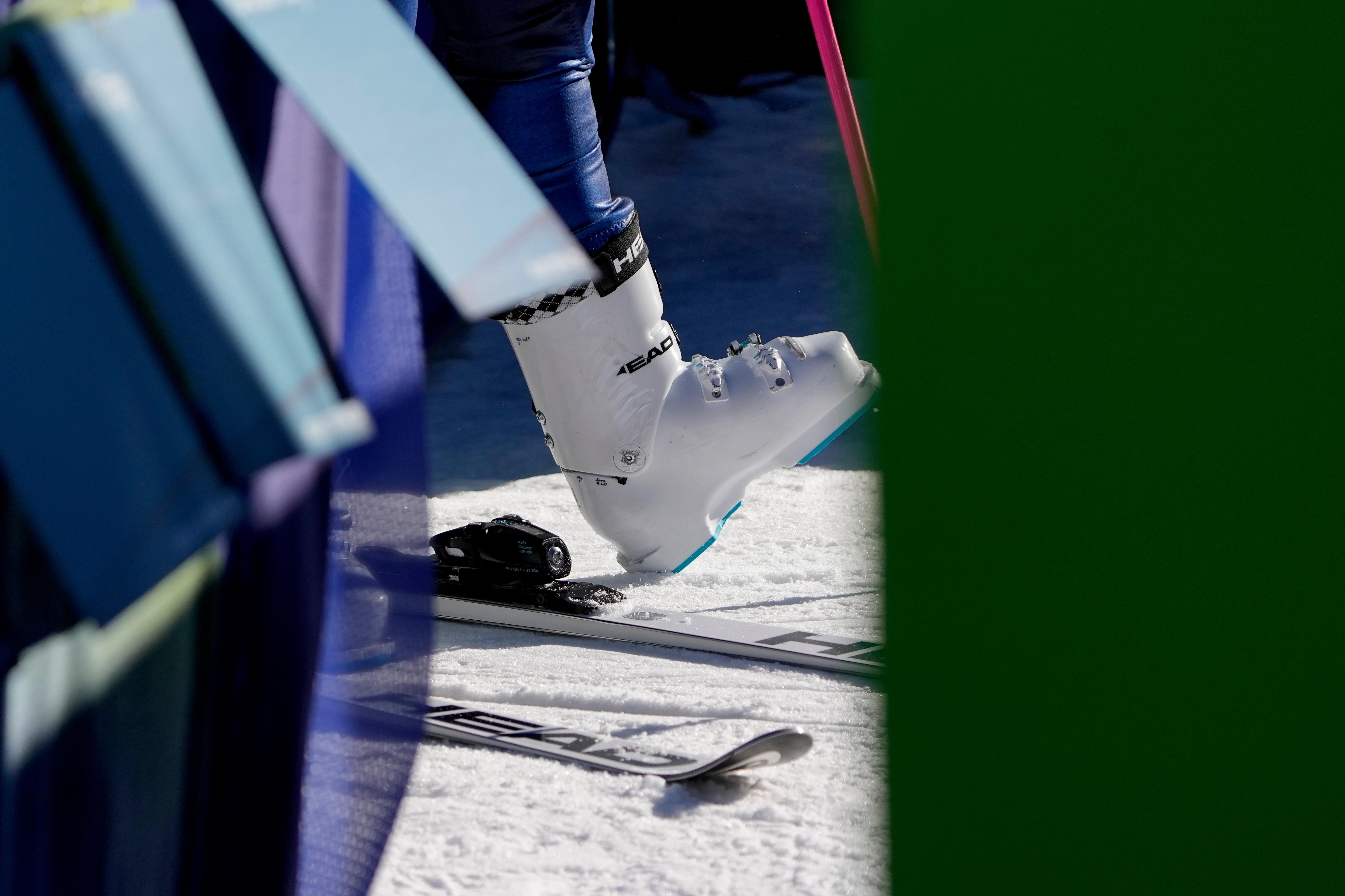 A view of a ski boot of Sweden’s Sara Hector...