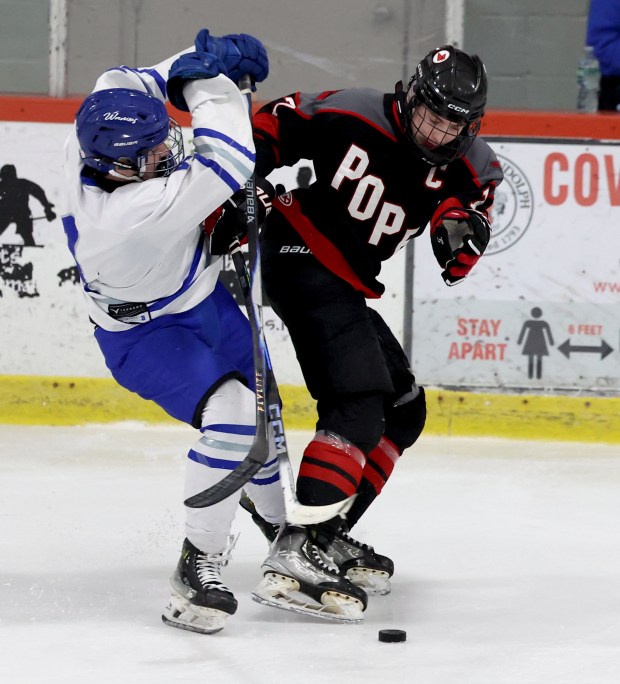 Braintree's Henry Kippenhan, left, and Pope Francis' Whitaker Zinger fight for the puck during a boys hockey game. (Mark Stockwell/Boston Herald)