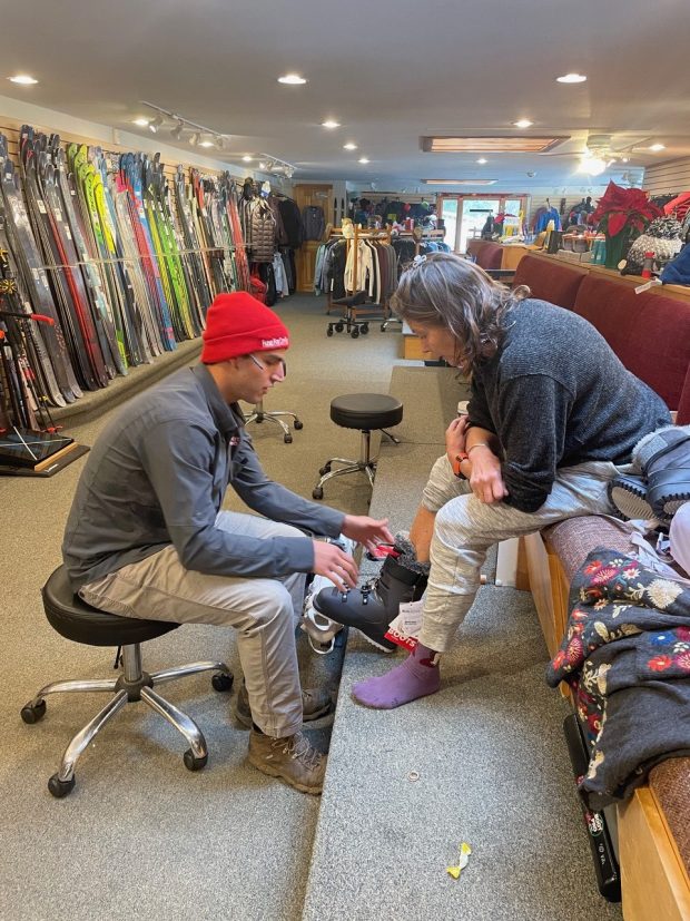Expect a boot fitting, like this one taking place at the Boot Pro in Ludlow, Vt., to take time. You'll find it worthwhile. (Moira McCarthy photo)