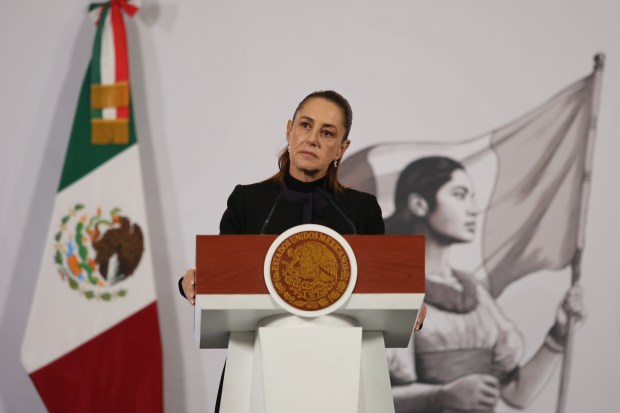 Mexican President Claudia Sheinbaum gives her the daily, morning news conference at the National Palace in Mexico City, on Monday. (AP Photo/Ginnette Riquelme)