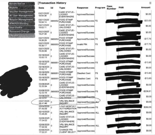 A screenshot of one SNAP victim's transaction history shows fraud wiping out their balance as soon as their benefits are deposited. This recipient was victimized two months in a row. (Screenshot provided by DTA whistleblower)